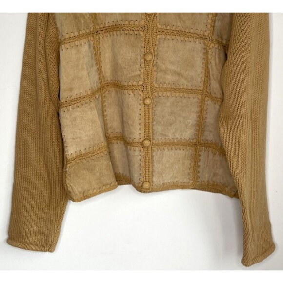 Vintage 80s Eagle's Eye Genuine Leather Patchwork Cardigan Sweater Jacket - Picture 3 of 5